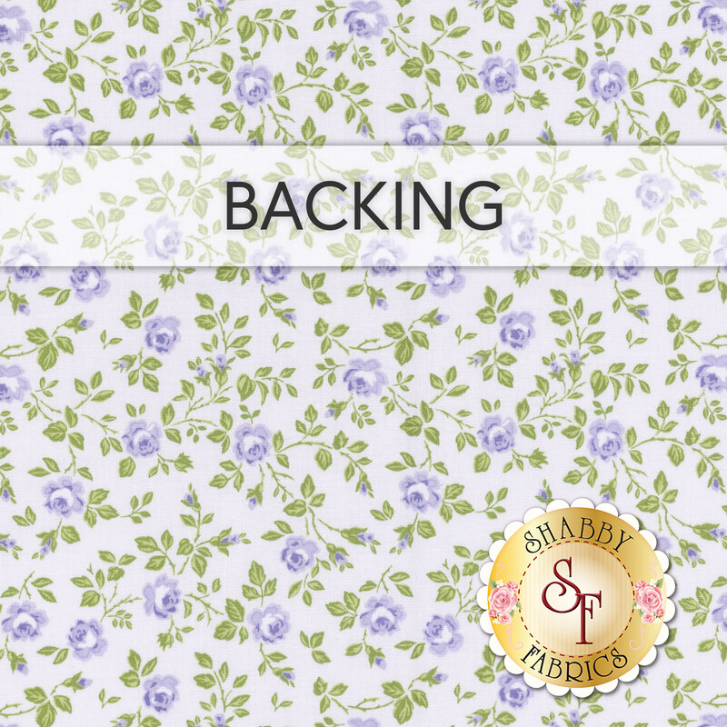 Swatch of periwinkle blue fabric with tossed green leaves and blue rosebuds. A transparent banner at the top reads "Backing."
