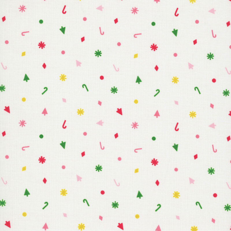 Off white fabric with scattered trees, dots, diamonds, stars, and candy canes in green, red, yellow, and pink.