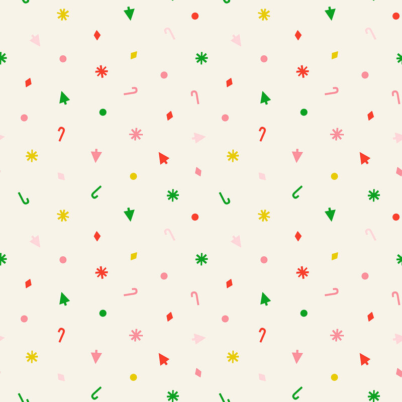 Soft beige fabric with scattered trees, dots, diamonds, stars, and candy canes in green, red, yellow, and pink.