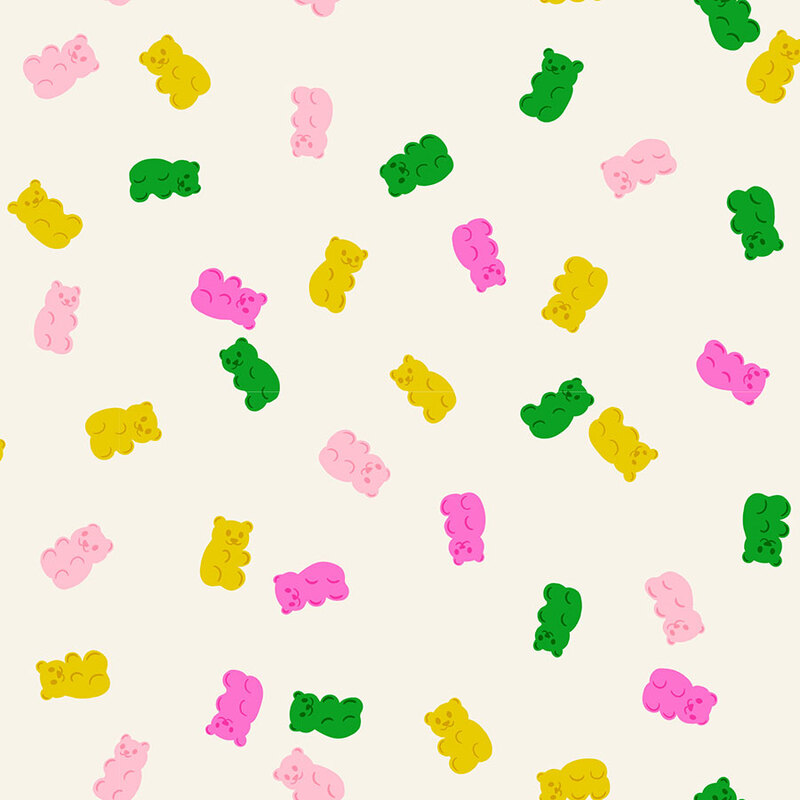 Soft cream fabric with a pattern of tossed gummy bears in hues of fuchsia, light pink, green, and yellow. 
