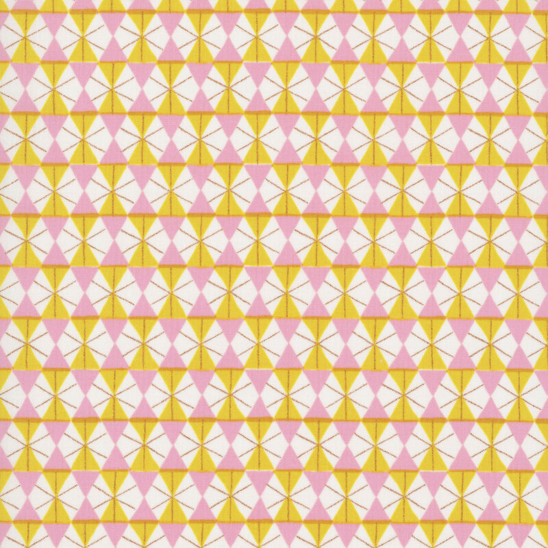 Dark mustard fabric featuring a repeating geometric print in blush, ivory, and metallic gold.