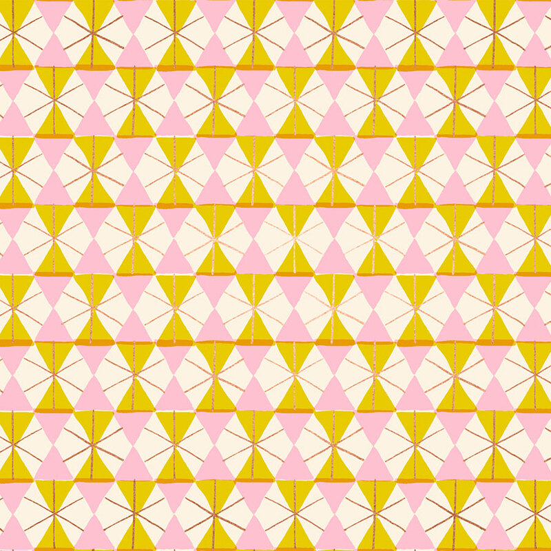 Dark mustard fabric featuring a repeating geometric print in blush, ivory, and metallic gold.