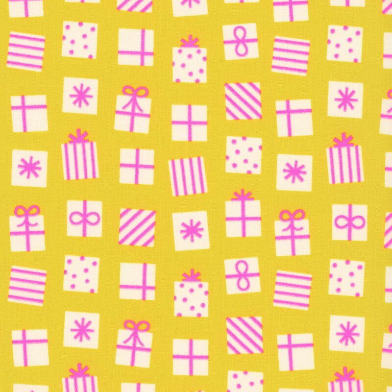 Dandelion yellow fabric featuring a pattern of white and pink presents decorated in stripes dots, and bows.