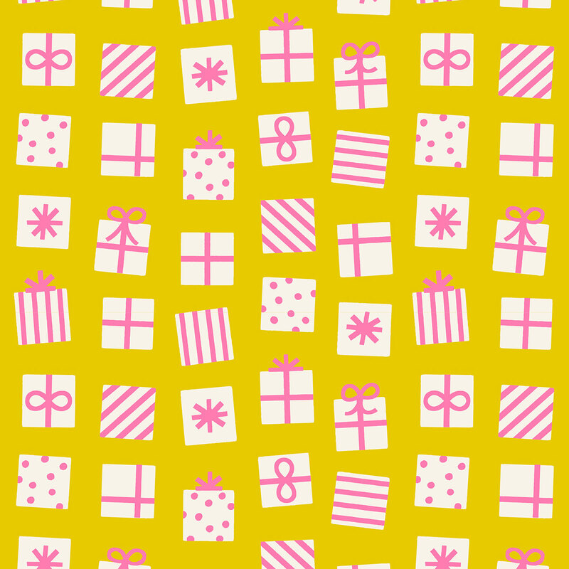Dandelion yellow fabric featuring a pattern of white and pink presents decorated in stripes dots, and bows.