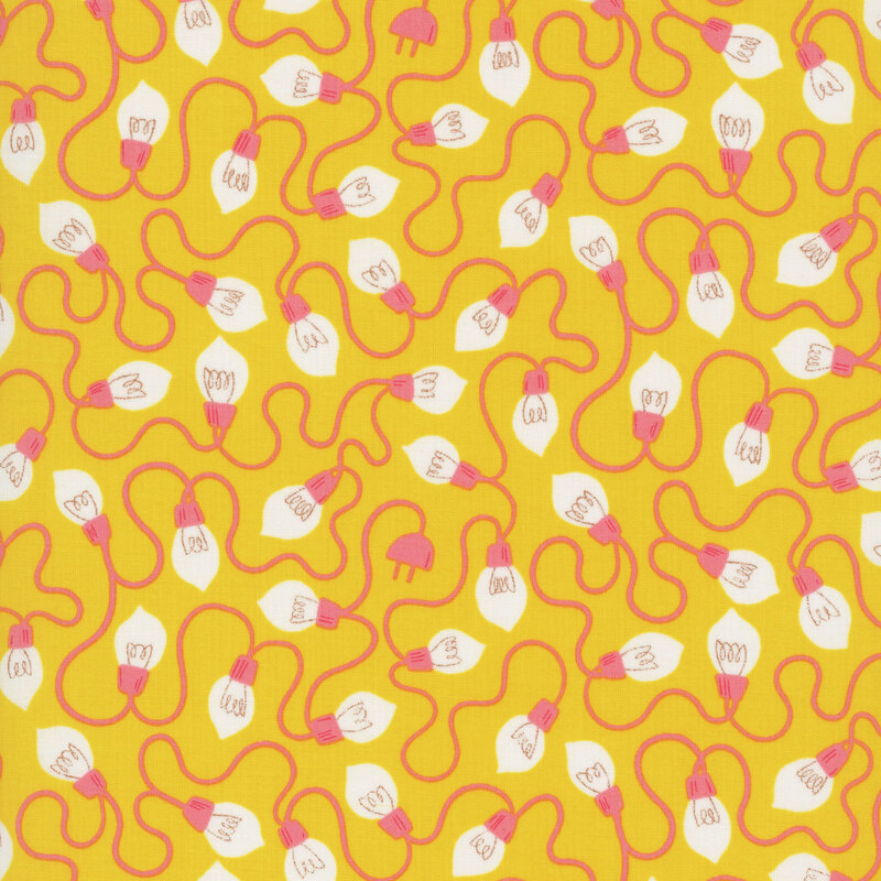 Gold fabric featuring a pattern of stylized lightbulbs with metallic accents, connected by looping pink cords.