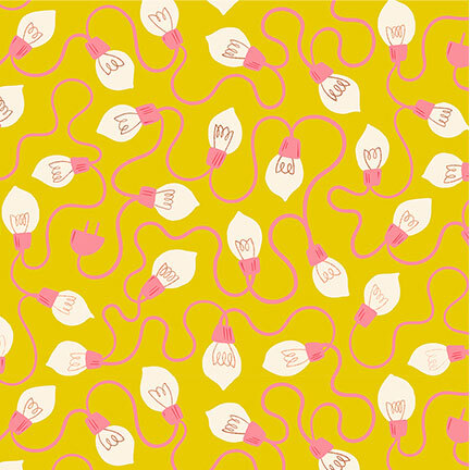 Gold fabric featuring a pattern of stylized lightbulbs with metallic accents, connected by looping pink cords.