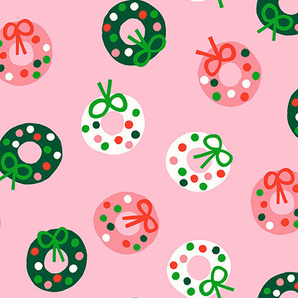 Light pink fabric featuring stylized wreath pattern in shades of green, white, and dark blush.