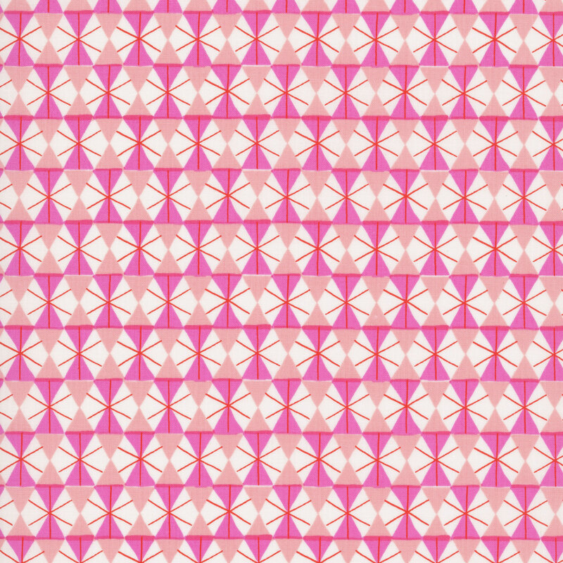 Bright pink fabric featuring a repeating geometric print in blush, cream, and red.
