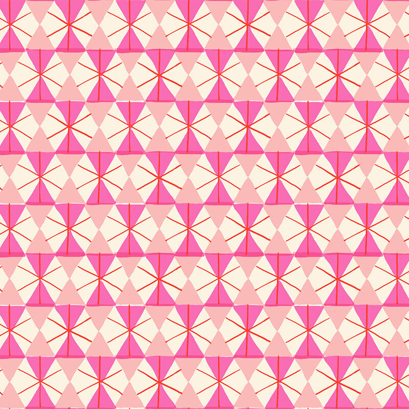 Bright pink fabric featuring a repeating geometric print in blush, cream, and red.