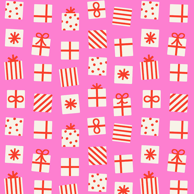 Fuchsia pink fabric featuring a pattern of white and red presents decorated in stripes dots, and bows.
