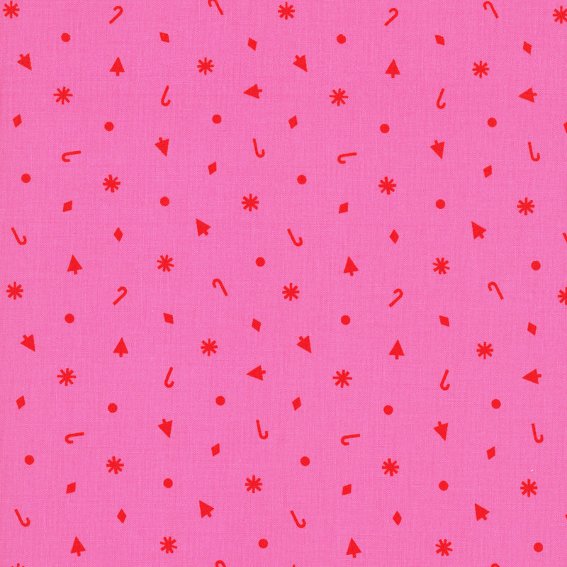Bright fuchsia fabric with scattered trees, dots, diamonds, stars, and candy canes in red.