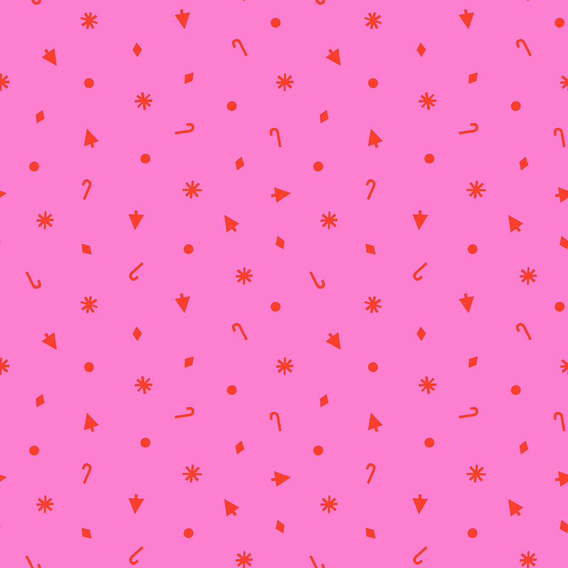 Bright fuchsia fabric with scattered trees, dots, diamonds, stars, and candy canes in red.