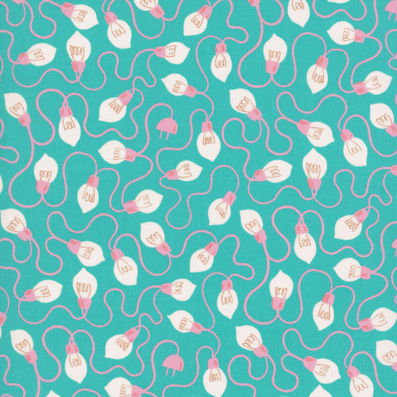 Aqua fabric featuring a pattern of stylized lightbulbs with metallic accents, connected by looping pink cords.