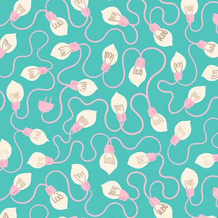 Aqua fabric featuring a pattern of stylized lightbulbs with metallic accents, connected by looping pink cords.
