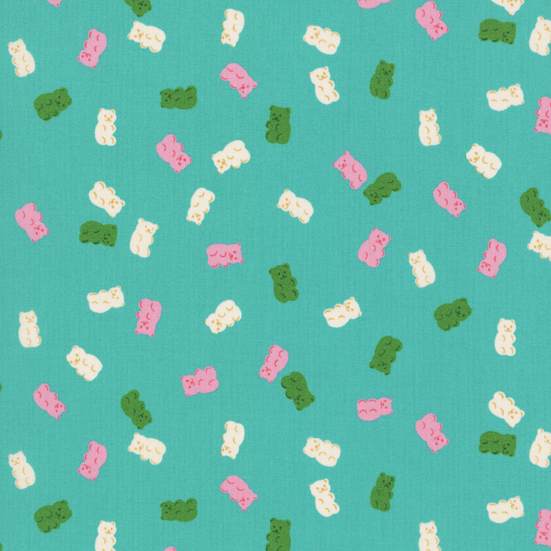 Aqua fabric with a pattern of tossed gummy bears in hues of pink, green, and ivory. 