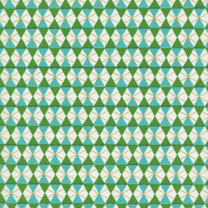 Bright green fabric featuring a repeating geometric print in aqua, cream, and metallic gold.