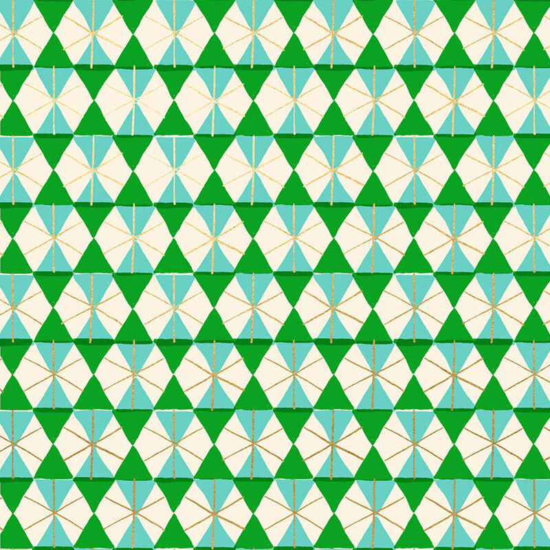 Bright green fabric featuring a repeating geometric print in aqua, cream, and metallic gold.
