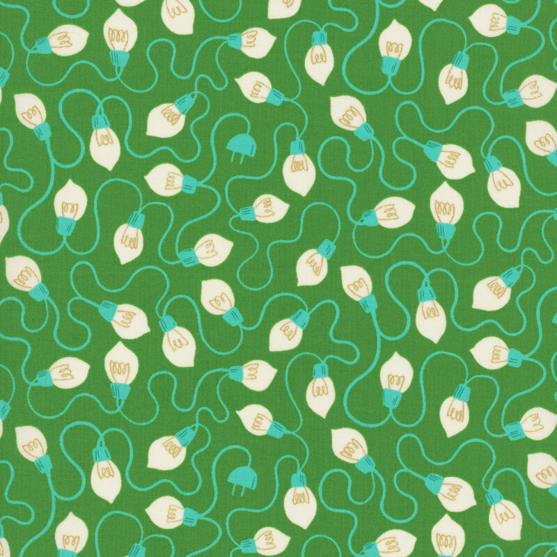 Bright green fabric featuring a pattern of stylized lightbulbs with metallic accents, connected by looping aqua cords. 