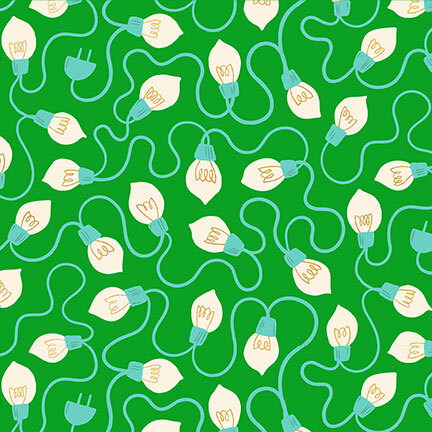 Bright green fabric featuring a pattern of stylized lightbulbs with metallic accents, connected by looping aqua cords. 