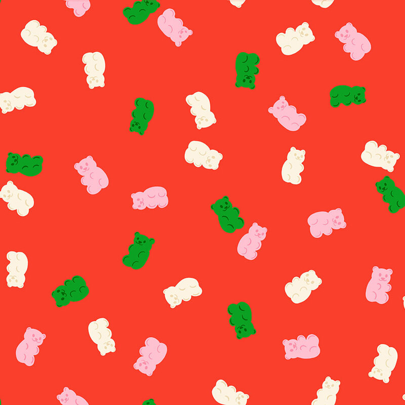 Scarlet red fabric with a pattern of tossed gummy bears in hues of pink, green, and ivory. 
