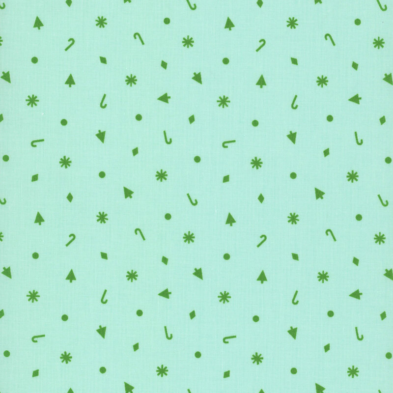 Bright aqua fabric with scattered trees, dots, diamonds, stars, and candy canes in green.