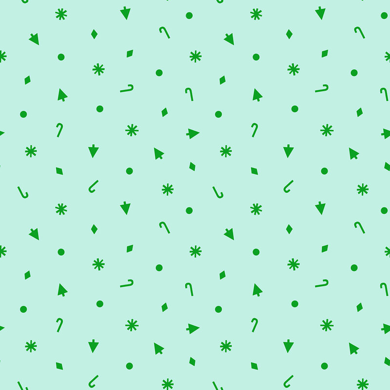Light mint fabric with scattered trees, dots, diamonds, stars, and candy canes in green.