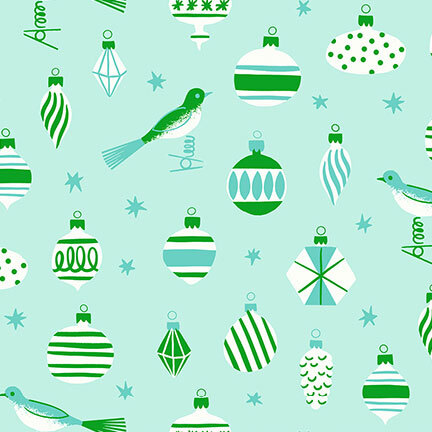 Mint aqua fabric featuring vintage style ornaments, birds, and stars in hues of green, white, and teal.