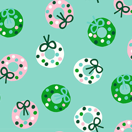 Aqua fabric featuring stylized wreath pattern in shades of green, white, and dark blush.