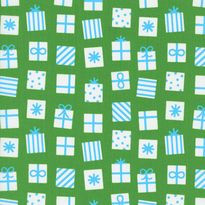 Bright green fabric featuring a pattern of white and ocean blue presents decorated in stripes dots, and bows.