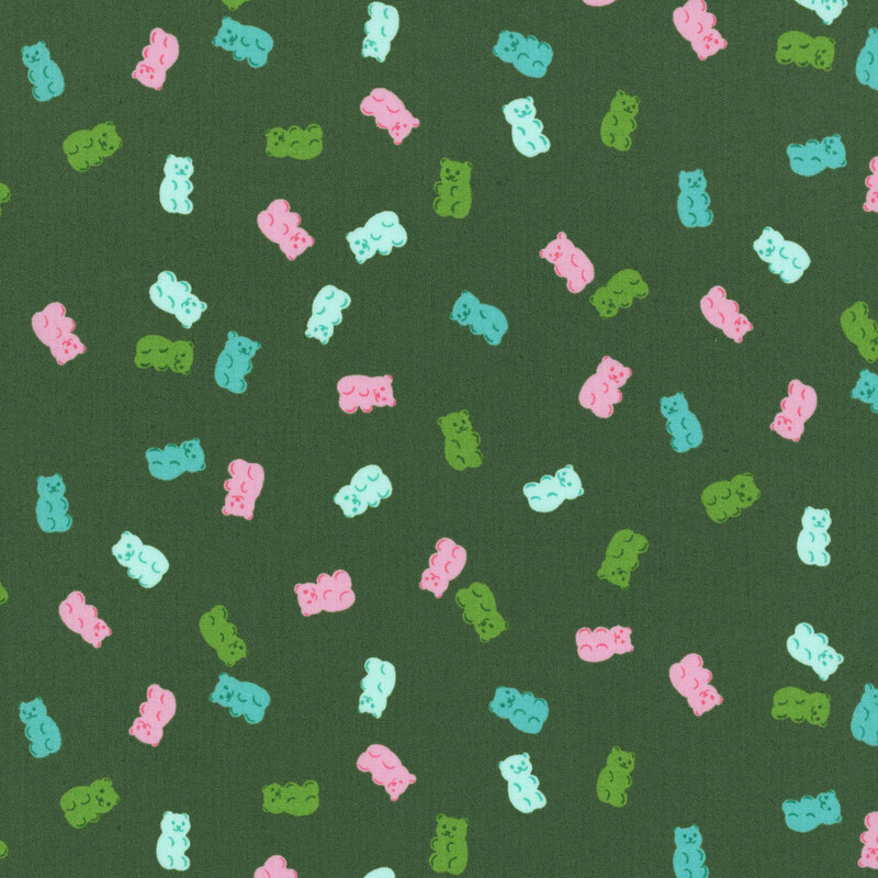Hunter green fabric with a pattern of tossed gummy bears in hues of pink, green, ice blue, and aqua. 