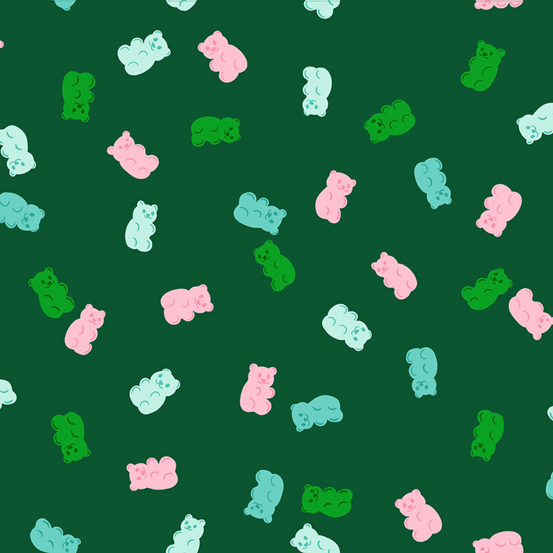 Hunter green fabric with a pattern of tossed gummy bears in hues of pink, green, ice blue, and aqua. 