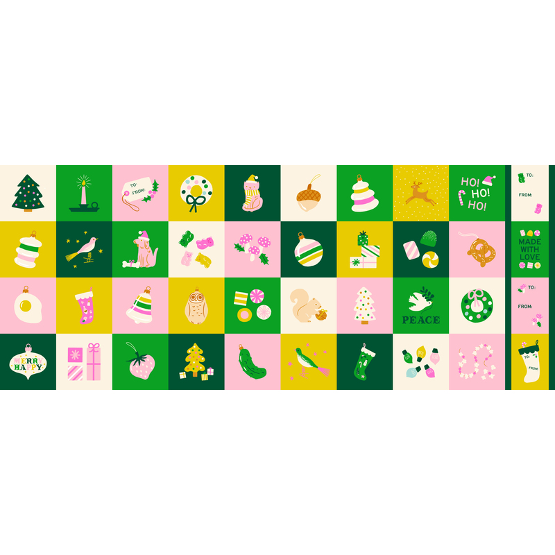 Color block squares filled with seasonal motifs like ornaments, animals, and sweets in hues of green, yellow, pink, and cream.