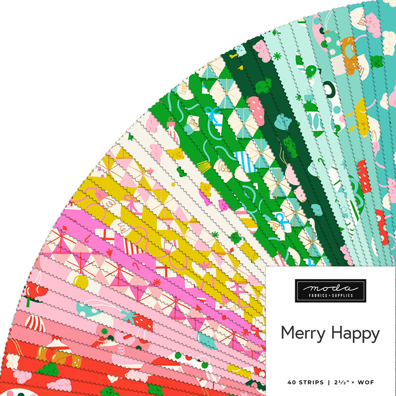 Fanned collage of fabric from the Merry Happy collection featuring holiday themed motifs in hues of red, pin, yellow, green, and teal.