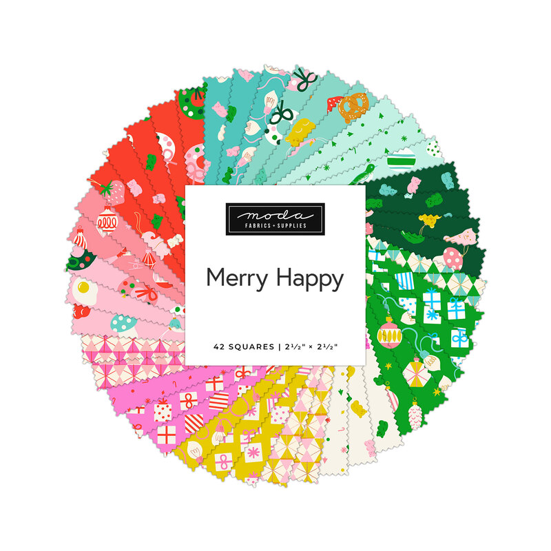 Circular collage of fabric from the Merry Happy collection featuring holiday themed motifs in hues of red, pin, yellow, green, and teal.