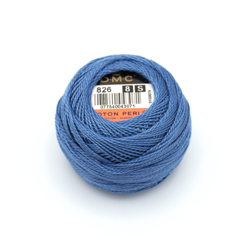 A ball of DMC 826 Medium Blue Floss on a white background.