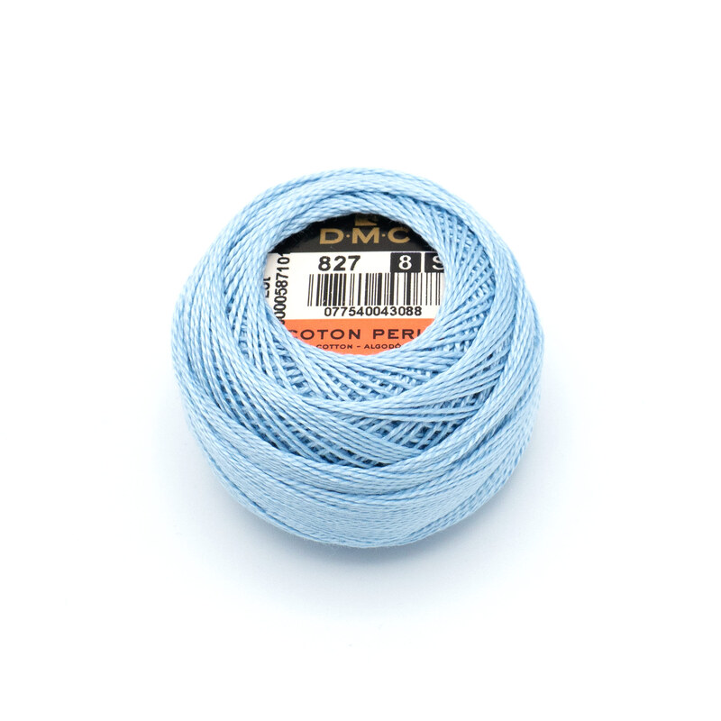 A ball of DMC 827 Very Light Blue Floss on a white background.