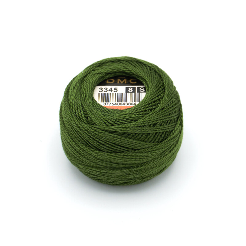A ball of DMC 3345 Dark Hunter Green Floss on a white background.