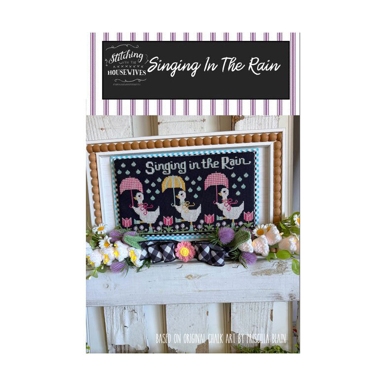 Front image of the Singing In The Rain Cross stitch pattern featuring 3 geese holding umbrellas.