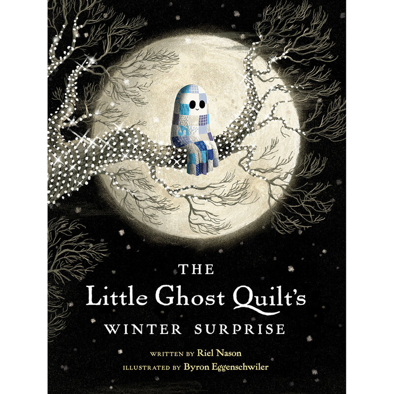 Front of a children's book titled "The Little Ghost Quilt's Winter Surprise Book" with the names of author and illustrator. 