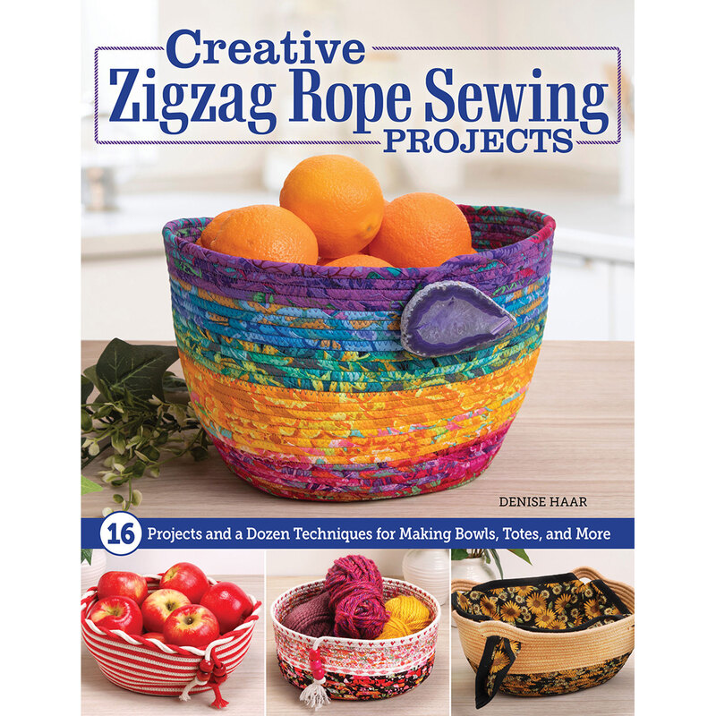 Front of the Creative Zigzag Rope Sewing Book showing a large image of a completed rope bowl, with three smaller projects along the bottom, and the title in blue at the top.