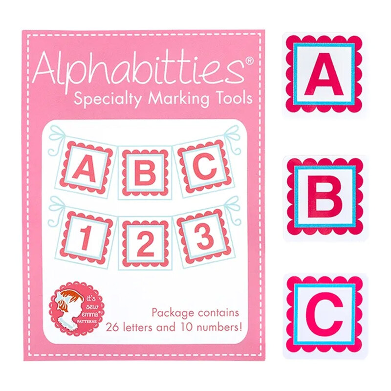 The label of the Alphabitties product in pink, with three of the labels "A", "B", and "C" on the right side.