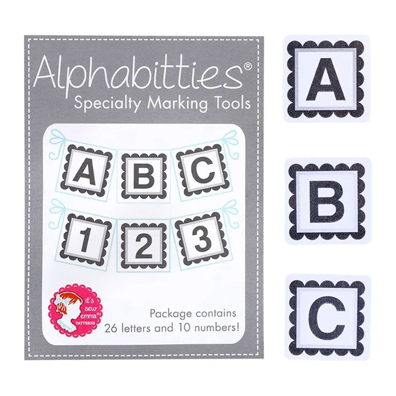 The label of the Alphabitties product in gray, with three of the labels "A", "B", and "C" on the right side.