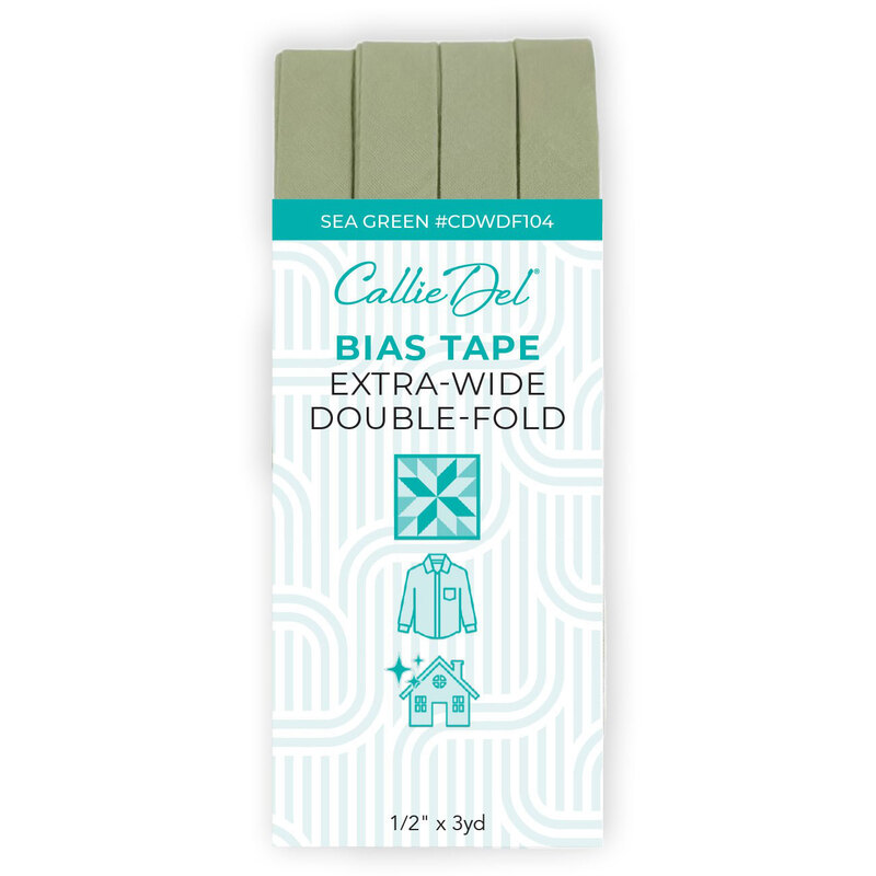 Sea Green bias tape in packaging labeled Bias Tape Extra Wide Double Fold.