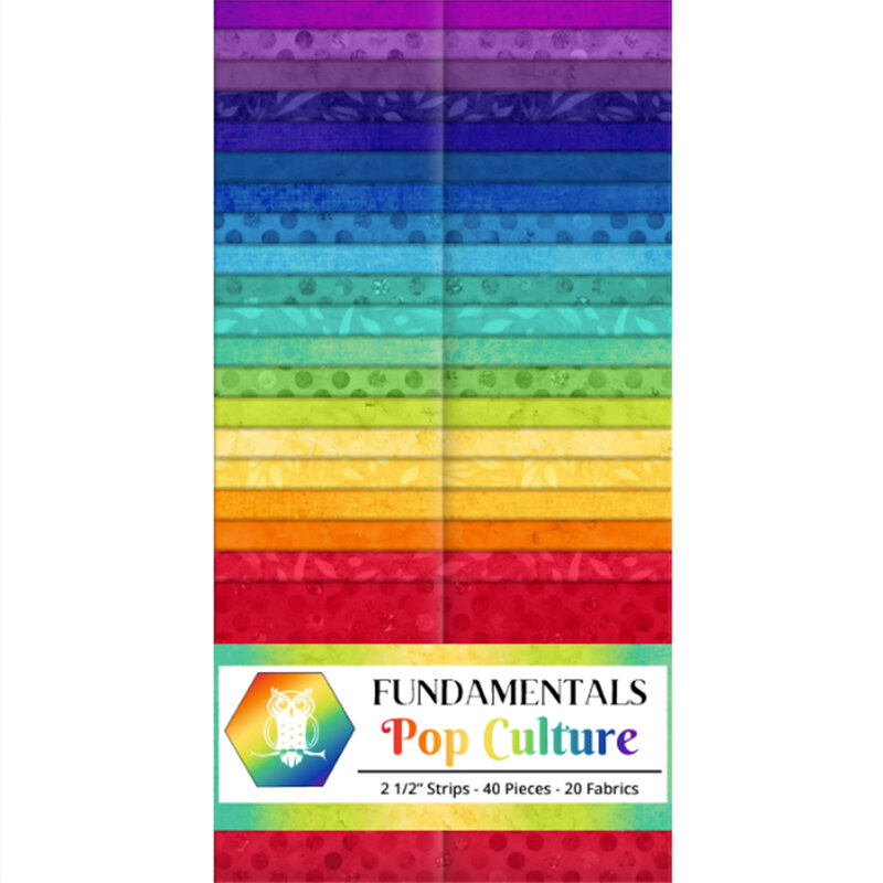 A colorful fabric roll showcasing 20 different patterns in vibrant rainbow hues with a branded label.