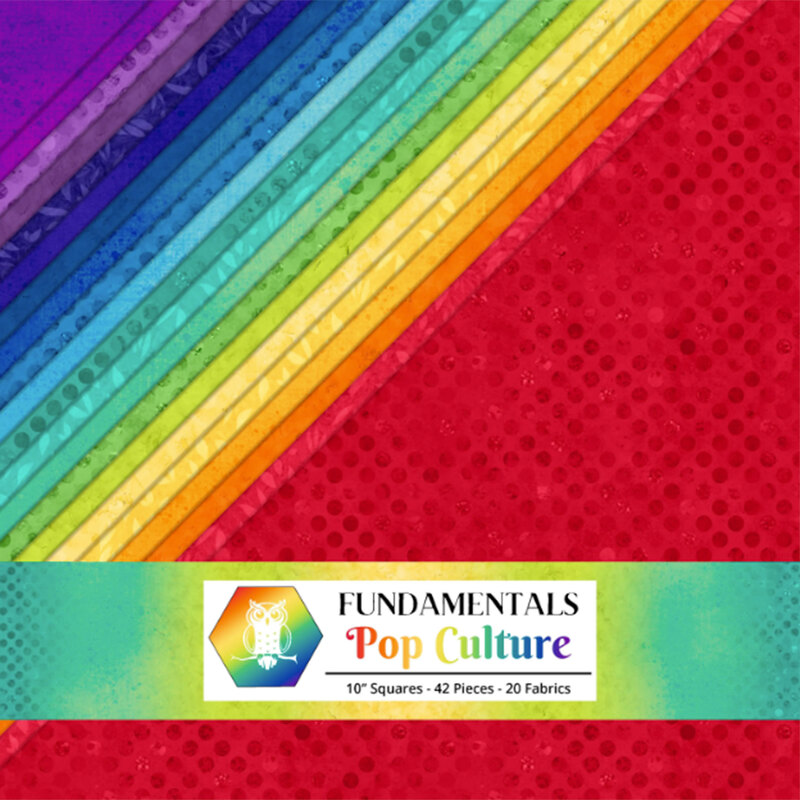 Colorful fabric squares arranged in rainbow stripes with a Fundamentals Pop Culture label.