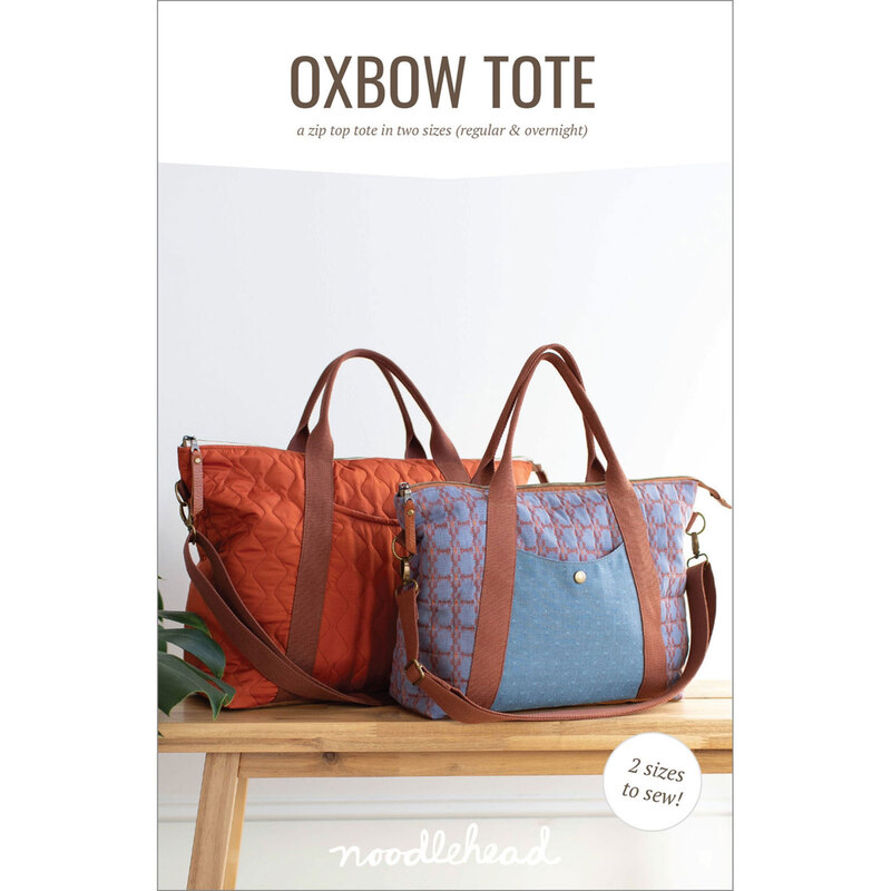 Front of the Oxbow tote pattern showing the two versions of the project in orange and blue.