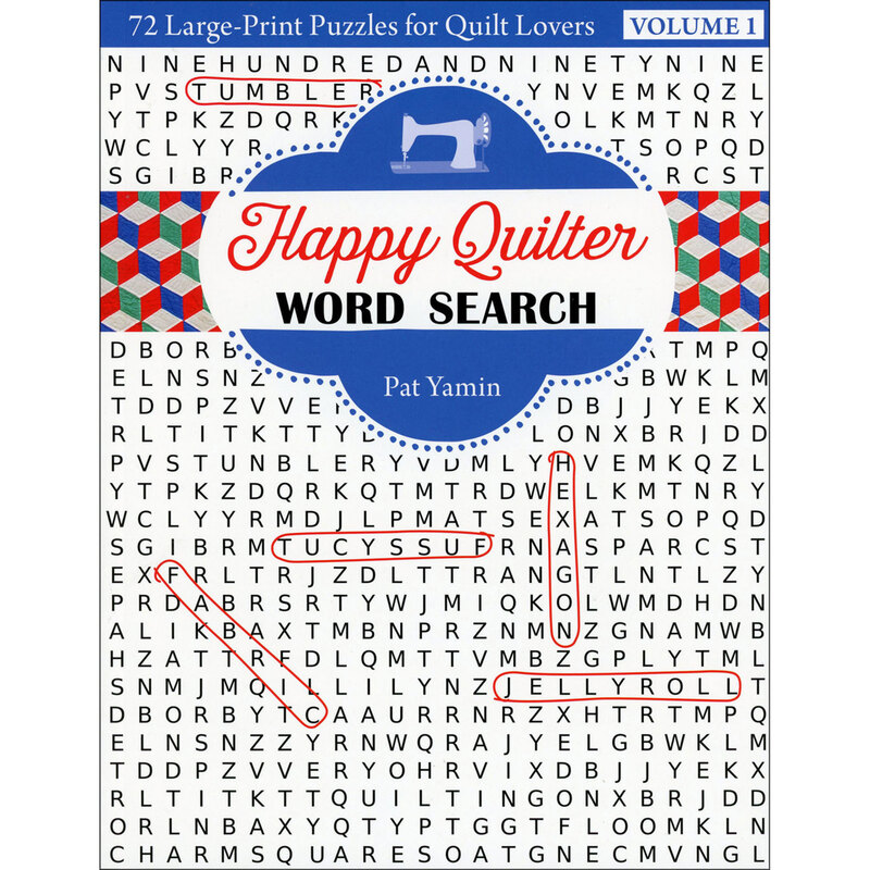 The front cover of the Happy Quilter Word Search Book by Pam Yamin, with a large-print word search in the background.