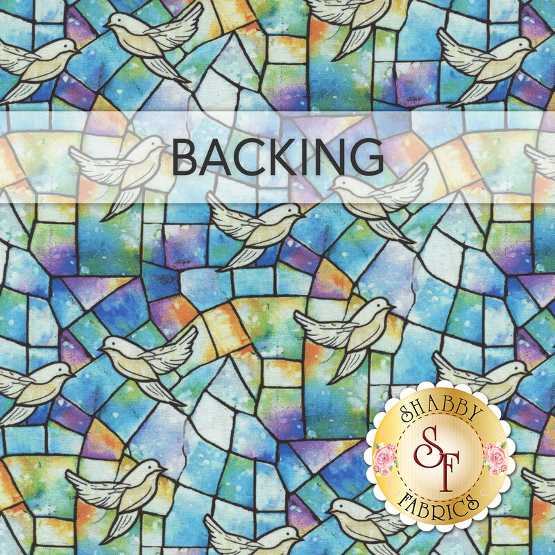 A swatch of multicolored fabric featuring an abstract block design with doves.  A banner at the top reads "Backing" and a golden Shabby Fabrics logo can be seen in the lower right hand corner.