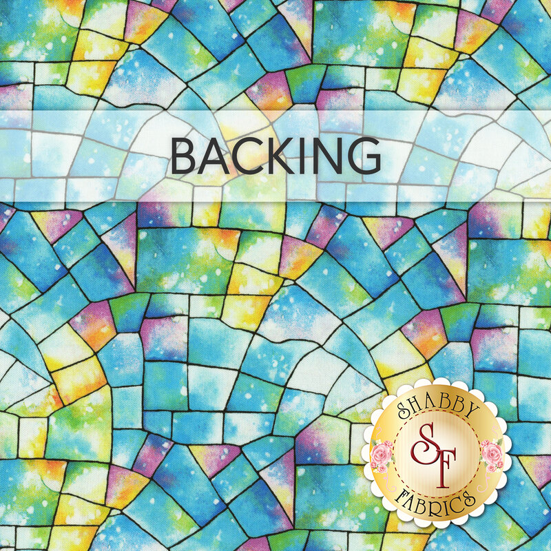 A swatch of rainbow fabric with a stained glass kaleidoscope texture. A banner at the top reads "Backing" and a golden Shabby Fabrics logo can be seen in the lower right hand corner.