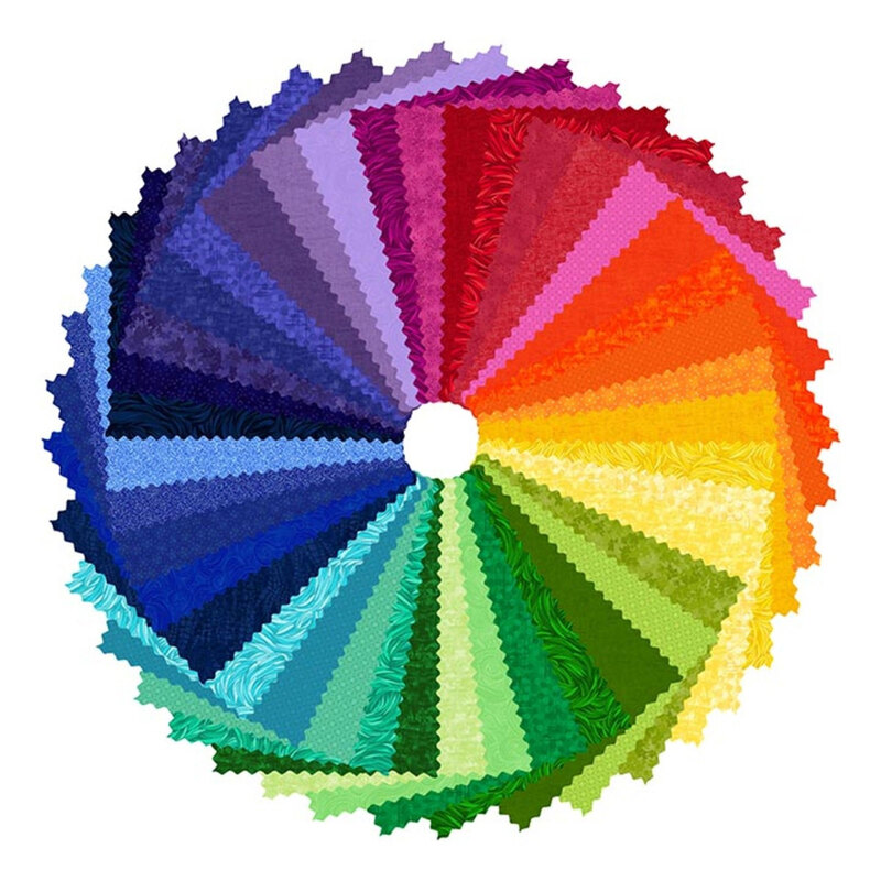 A circular arrangement of fabric swatches in various colors, radiating from a central point.